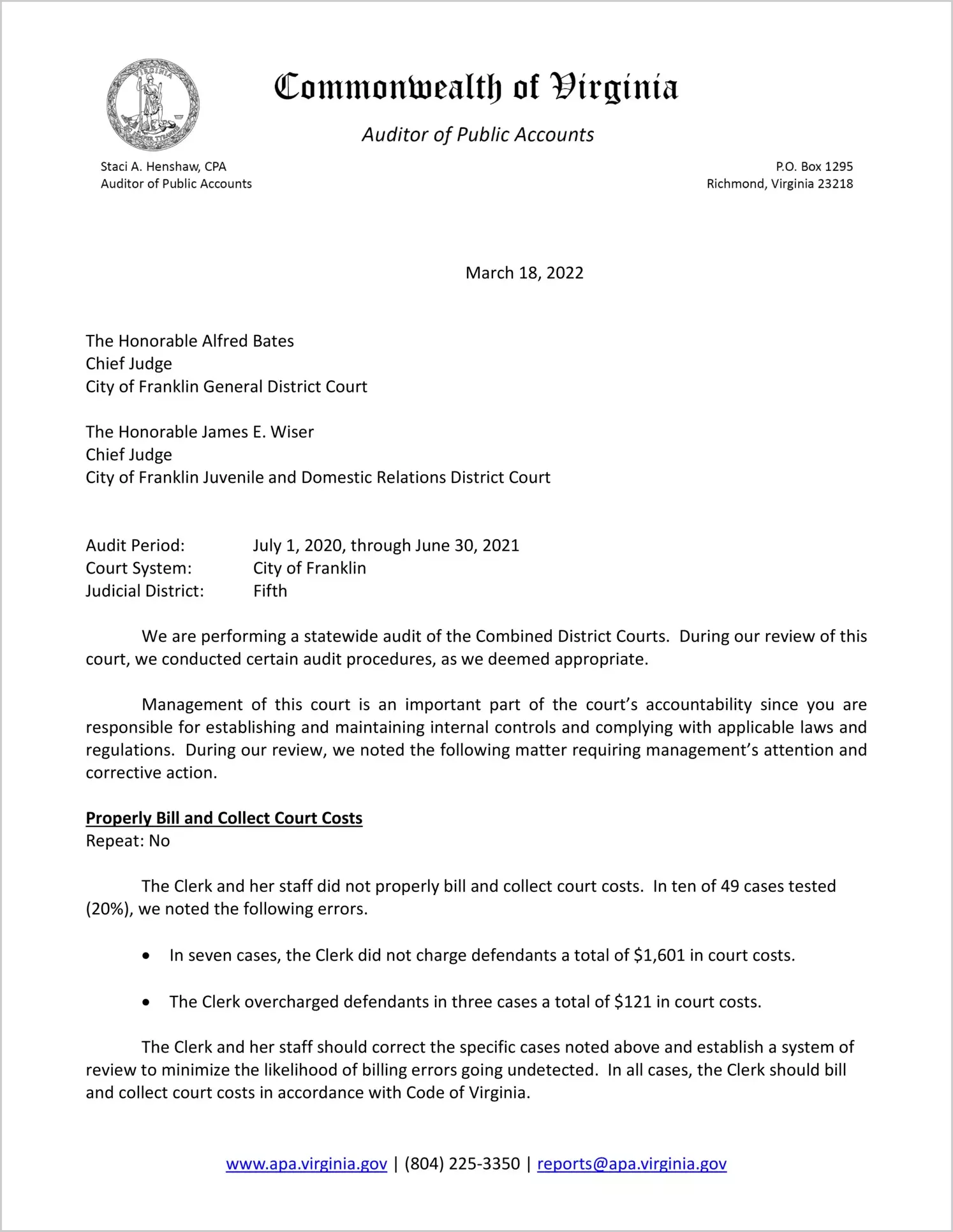 Combined District Court for the City of Franklin for the period July 1, 2020 through June 30, 2021