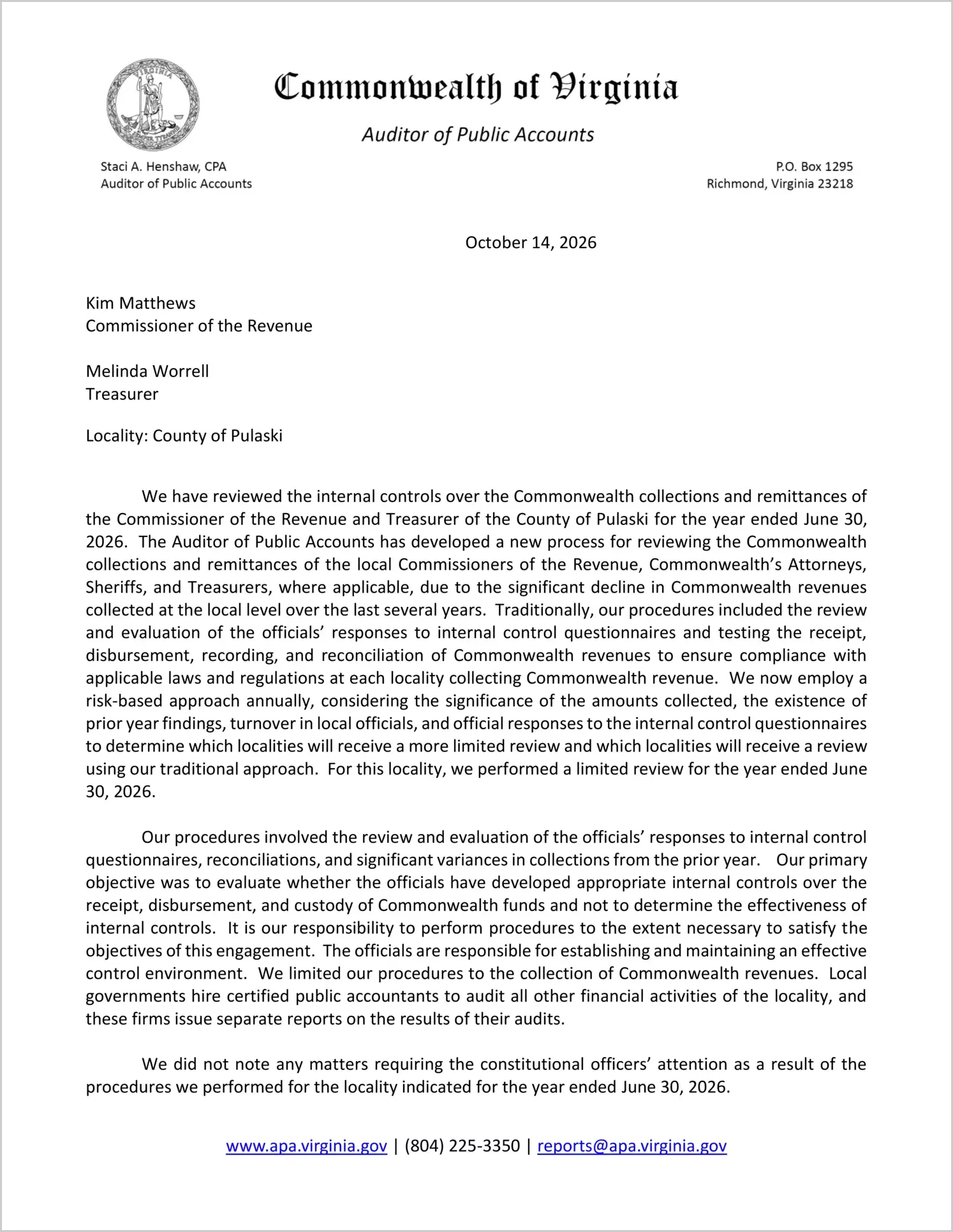 preview of Commonwealth Collections and Remittances of the Commissioner of the Revenue and Treasurer for the County of Pulaski for the year ended June 30, 2026