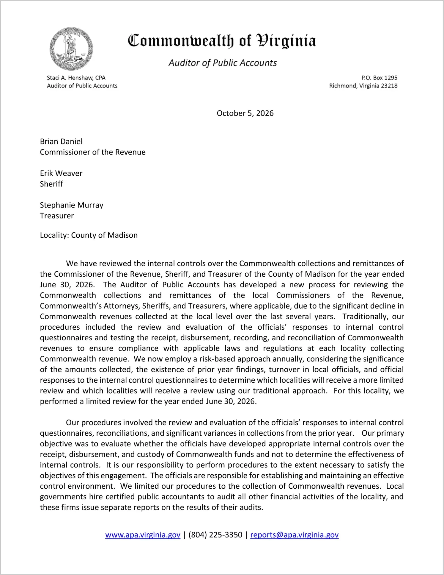 preview of Commonwealth Collections and Remittances of the Commissioner of the Revenue, Sheriff, and Treasurer for the County of Madison for the year ended June 30, 2026