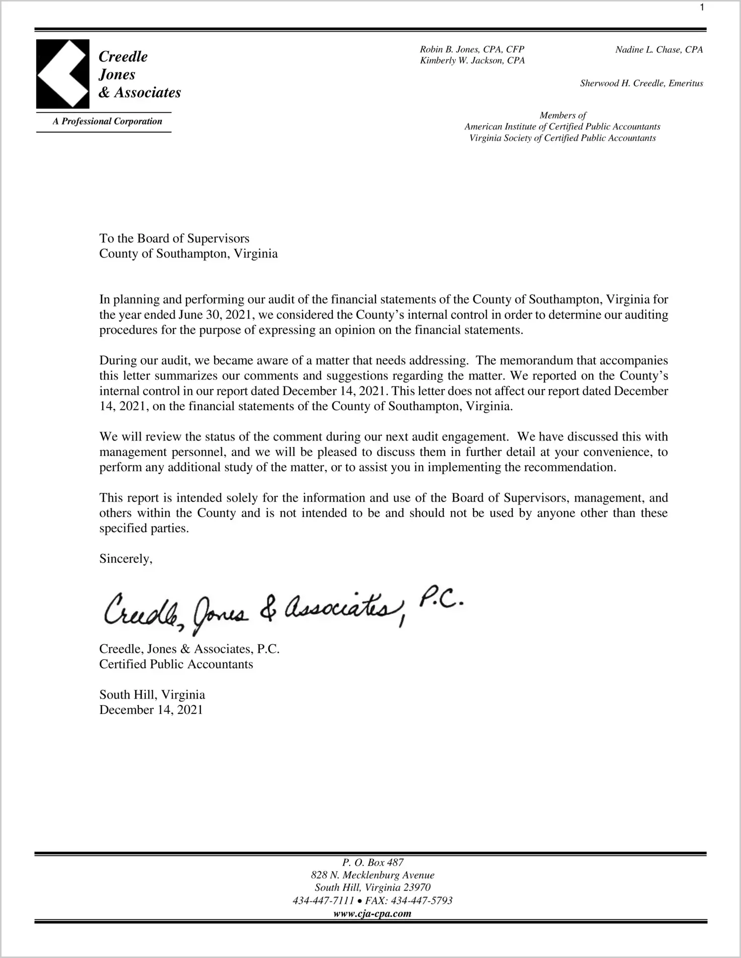 preview of 2021 Management Letter for County of Southampton