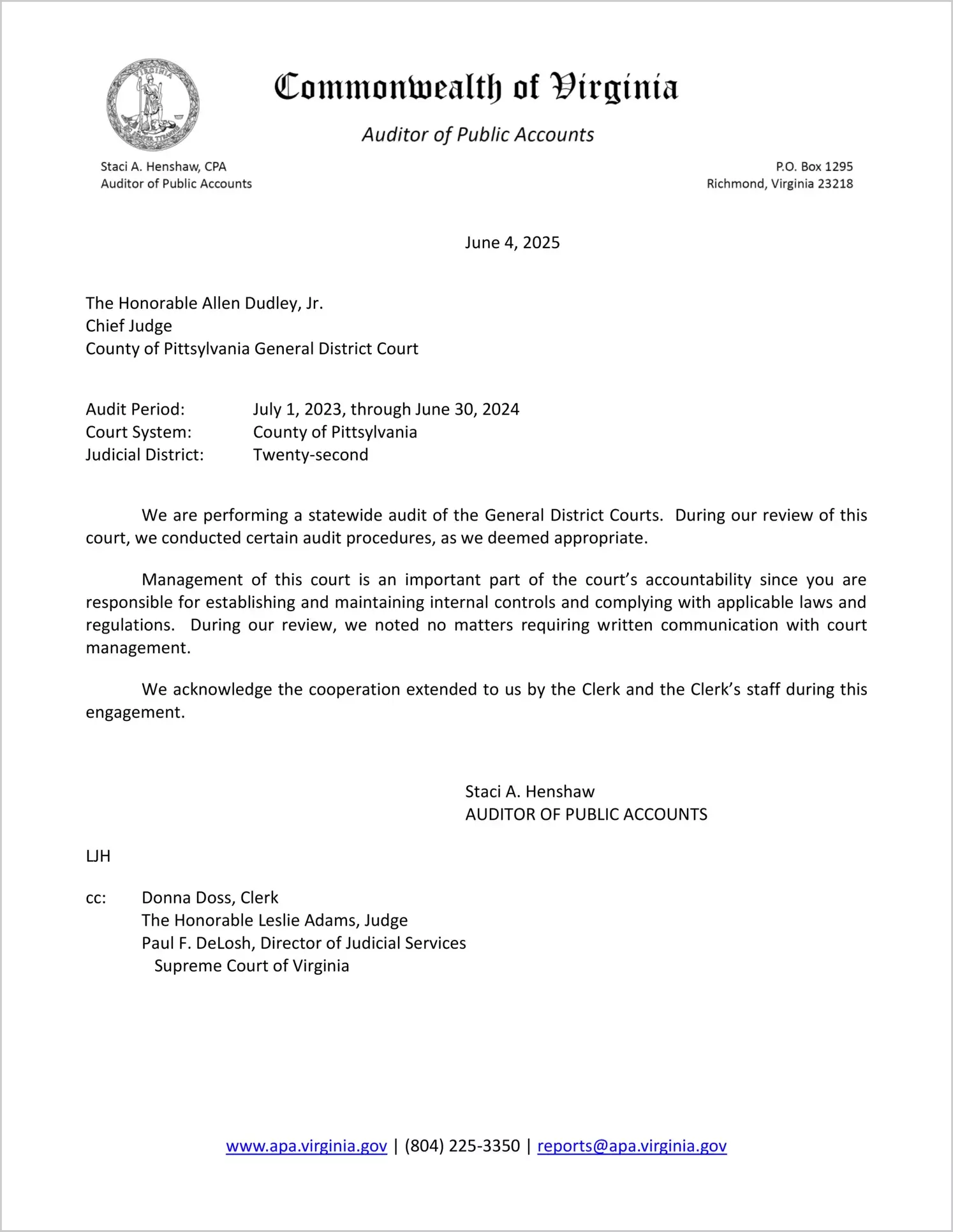 General District Court for the County of Pittsylvania for the period July 1, 2023 through June 30, 2024