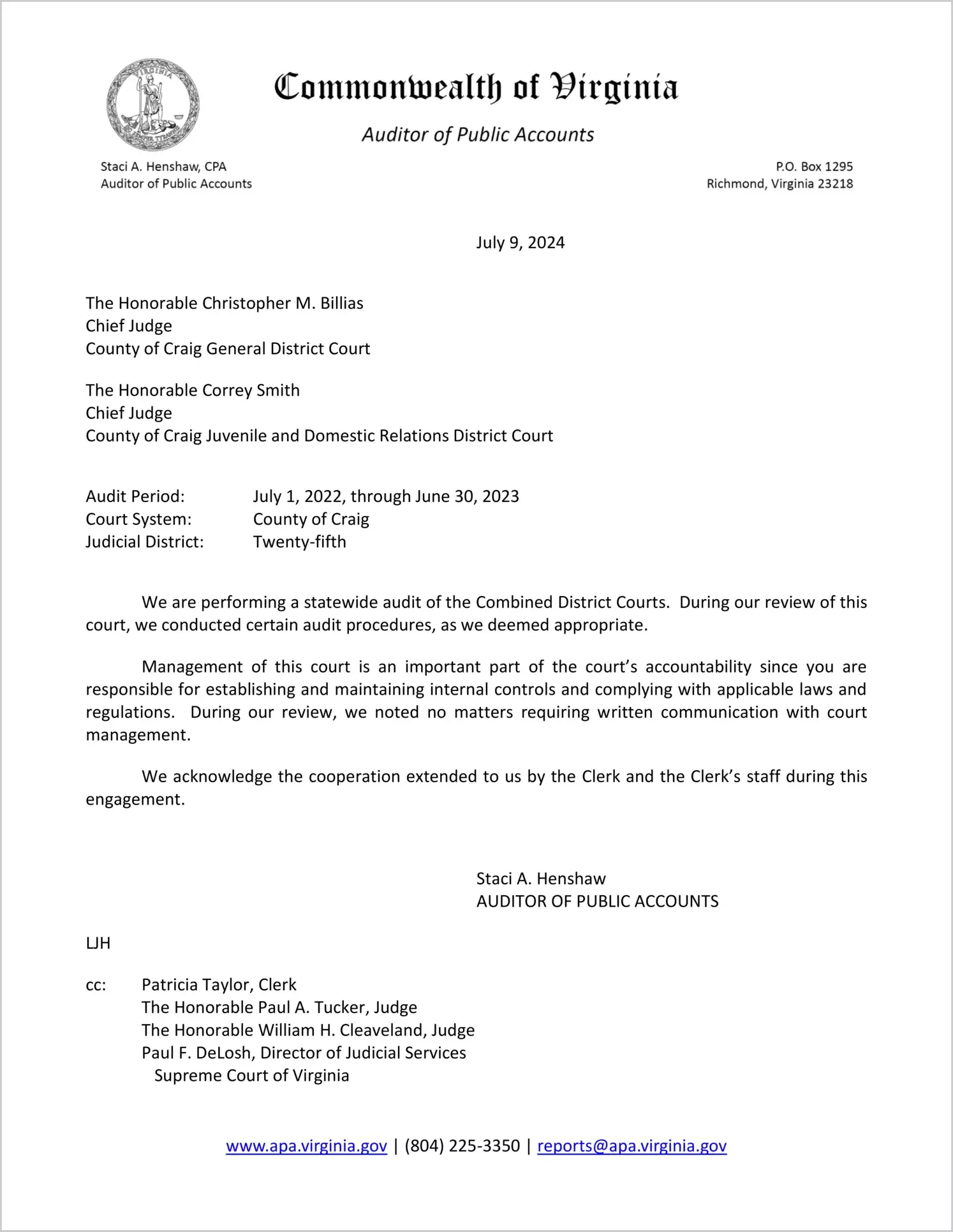 Combined District Court for the County of Craig for the period July 1, 2022 through June 30, 2023