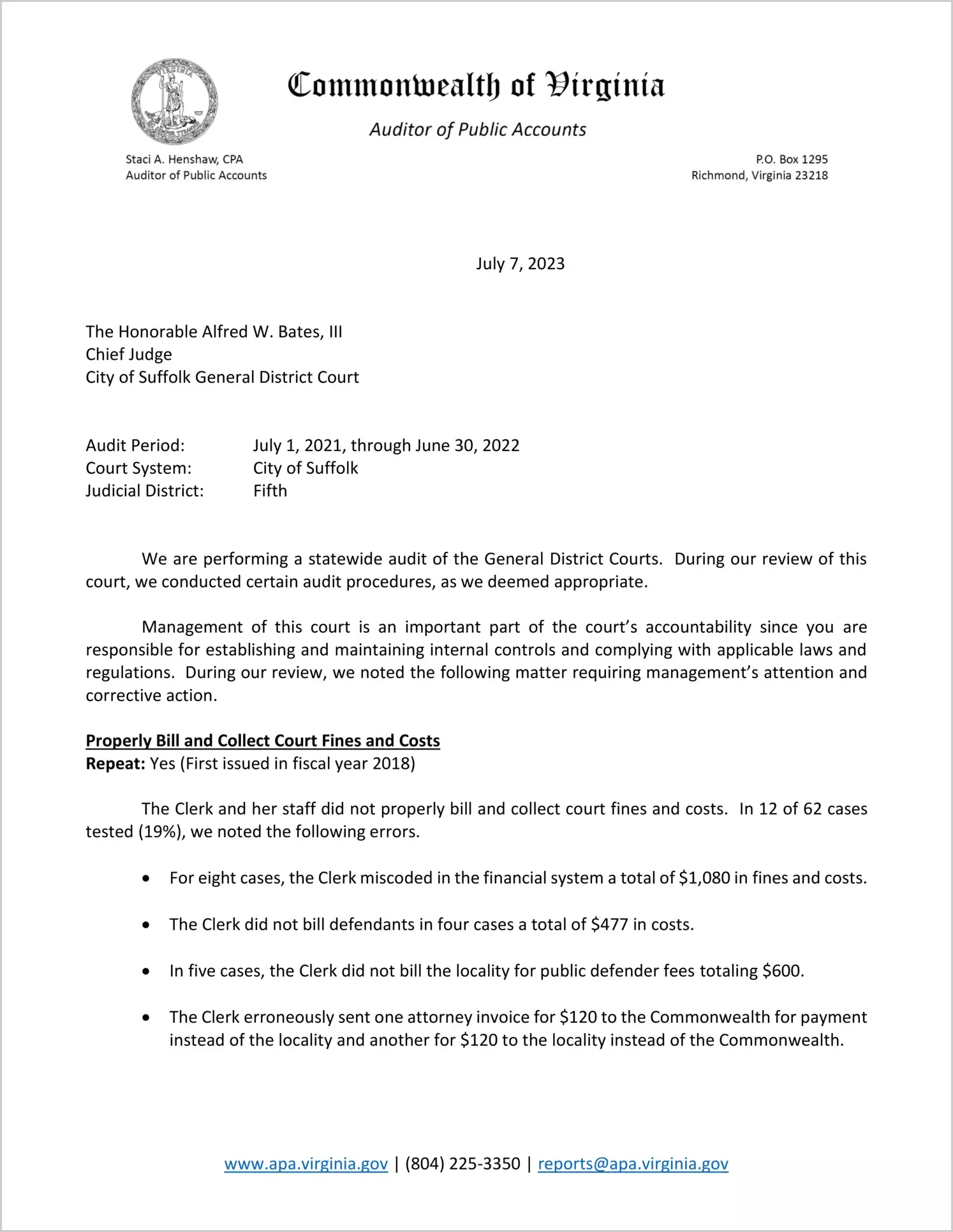 General District Court for the City of Suffolk for the period July 1, 2021 through June 30, 2022