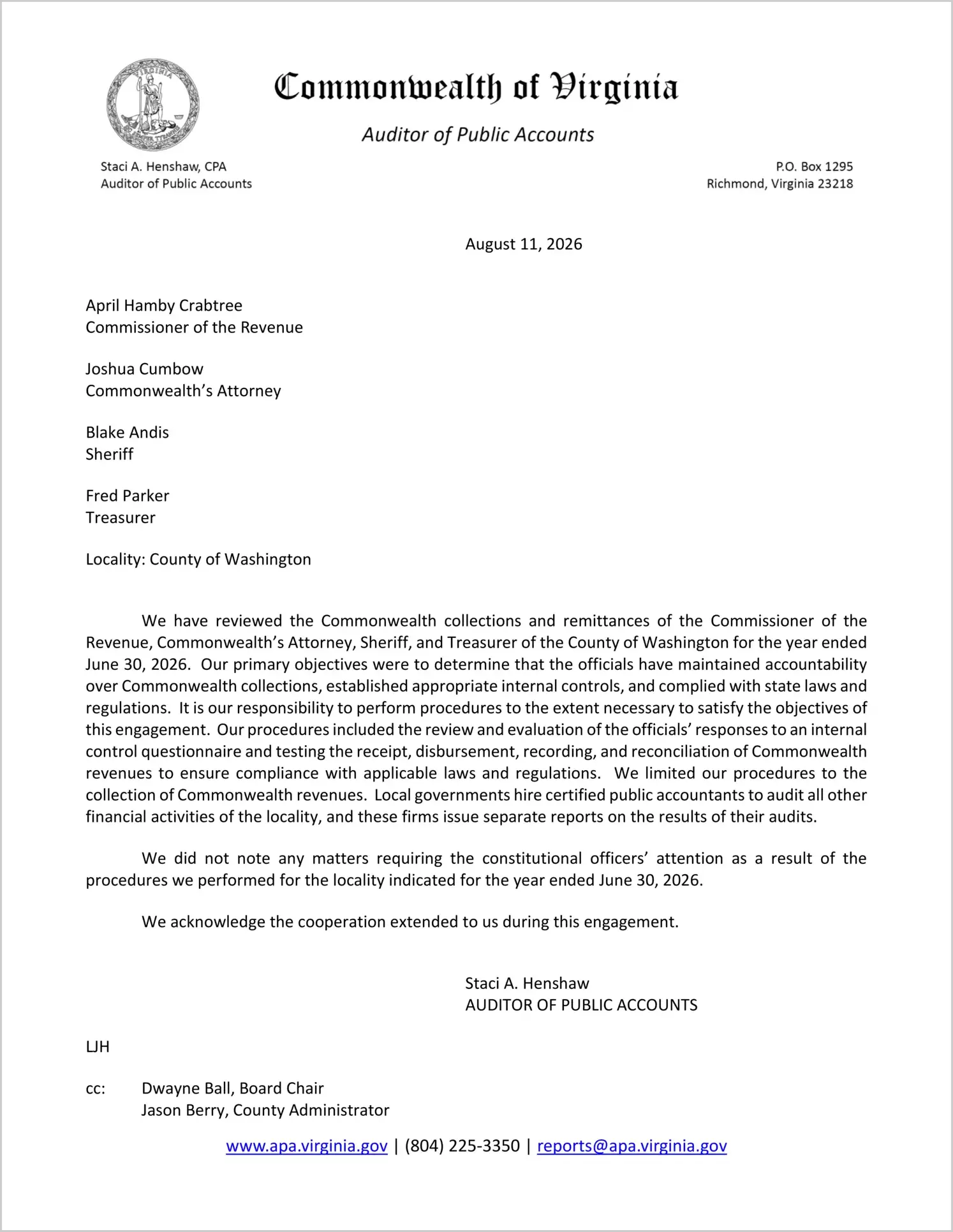 preview of Commonwealth Collections and Remittances of the Commissioner of the Revenue, Commonwealth's Attorney, Sheriff, and Treasurer for the County of Washington for the year ended June 30, 2026