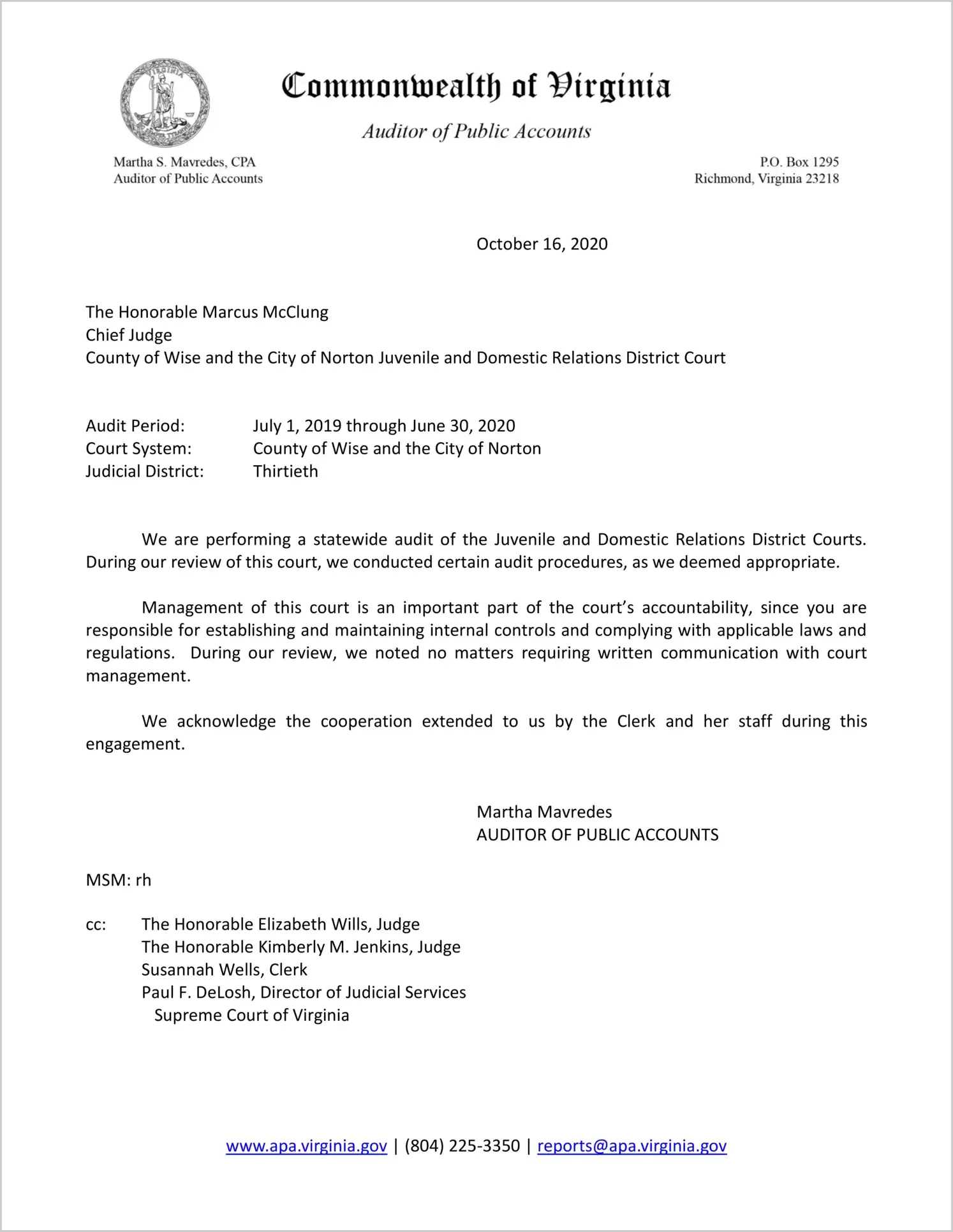 Juvenile and Domestic Relations Court for the County of Wise and the City of Norton for the period July 1, 2019 through June 30, 2020