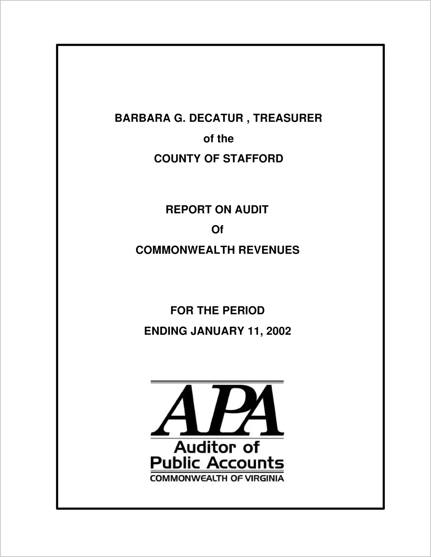 Clerk of the Circuit Court Turnover for the County of Stafford for the period year ending January 11, 2002