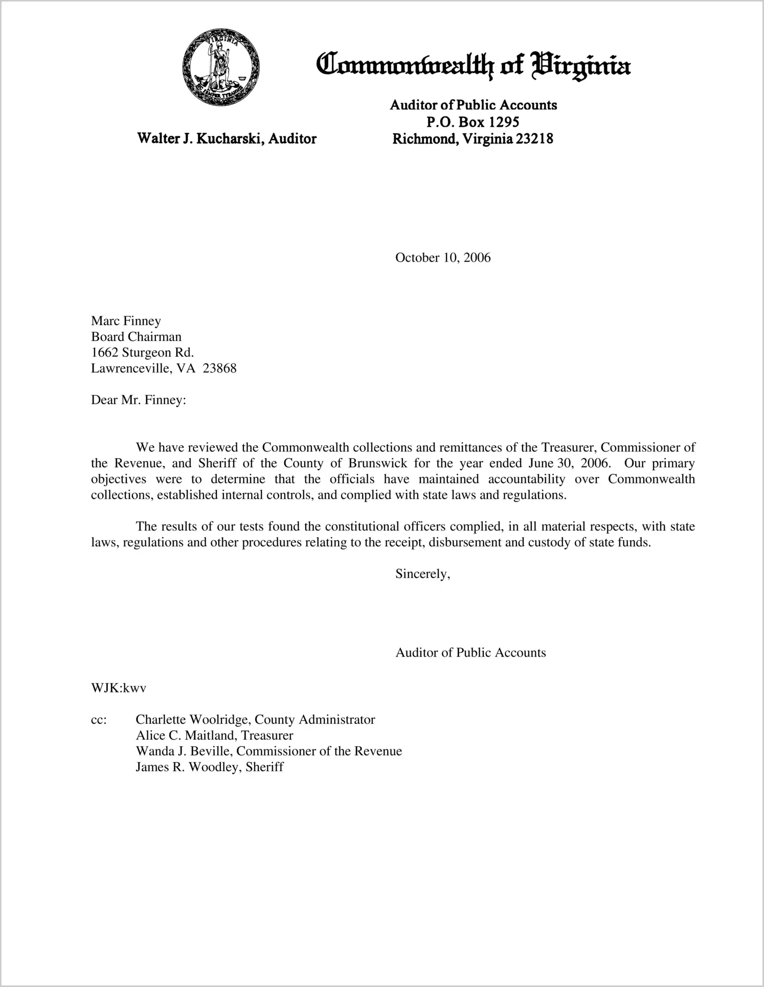 Commonwealth collections and remittances of the Treasurer, Commissioner of the Revenue, and Sheriff of the County of Brunswick for the year ended June 30, 2006