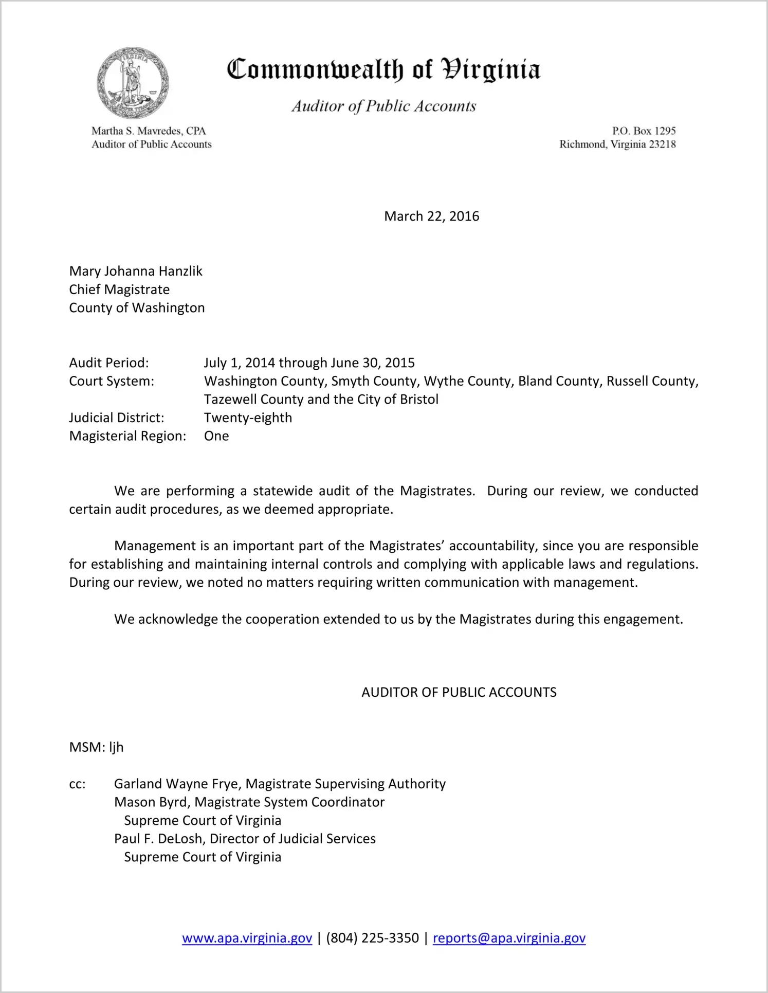 Magistrate for the City of Bristol Report on Audit for the period July 1, 2014 through June 30, 2015