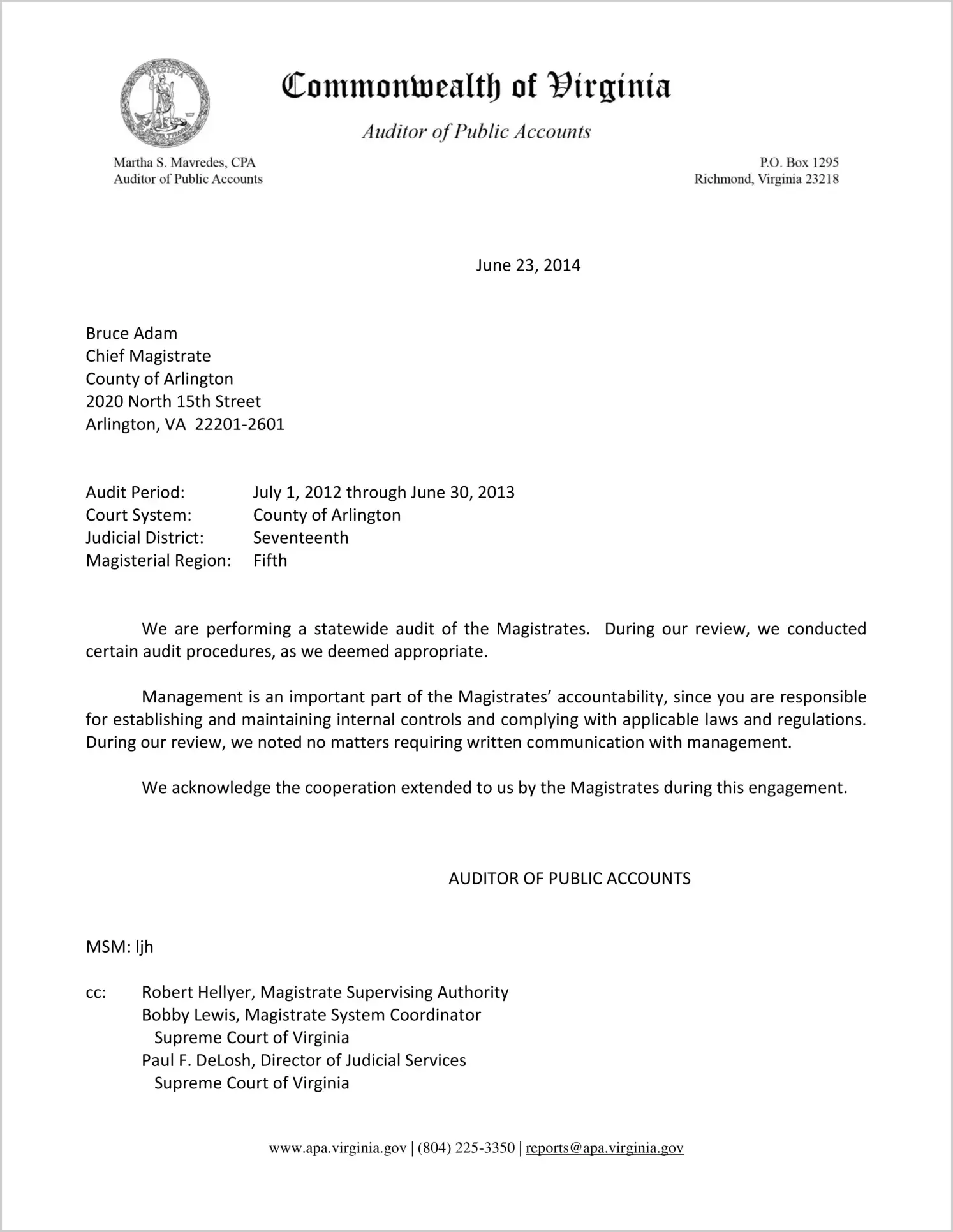 Magistrate for the County of Arlington Report on Audit for the period July 1, 2012 through June 30, 2013