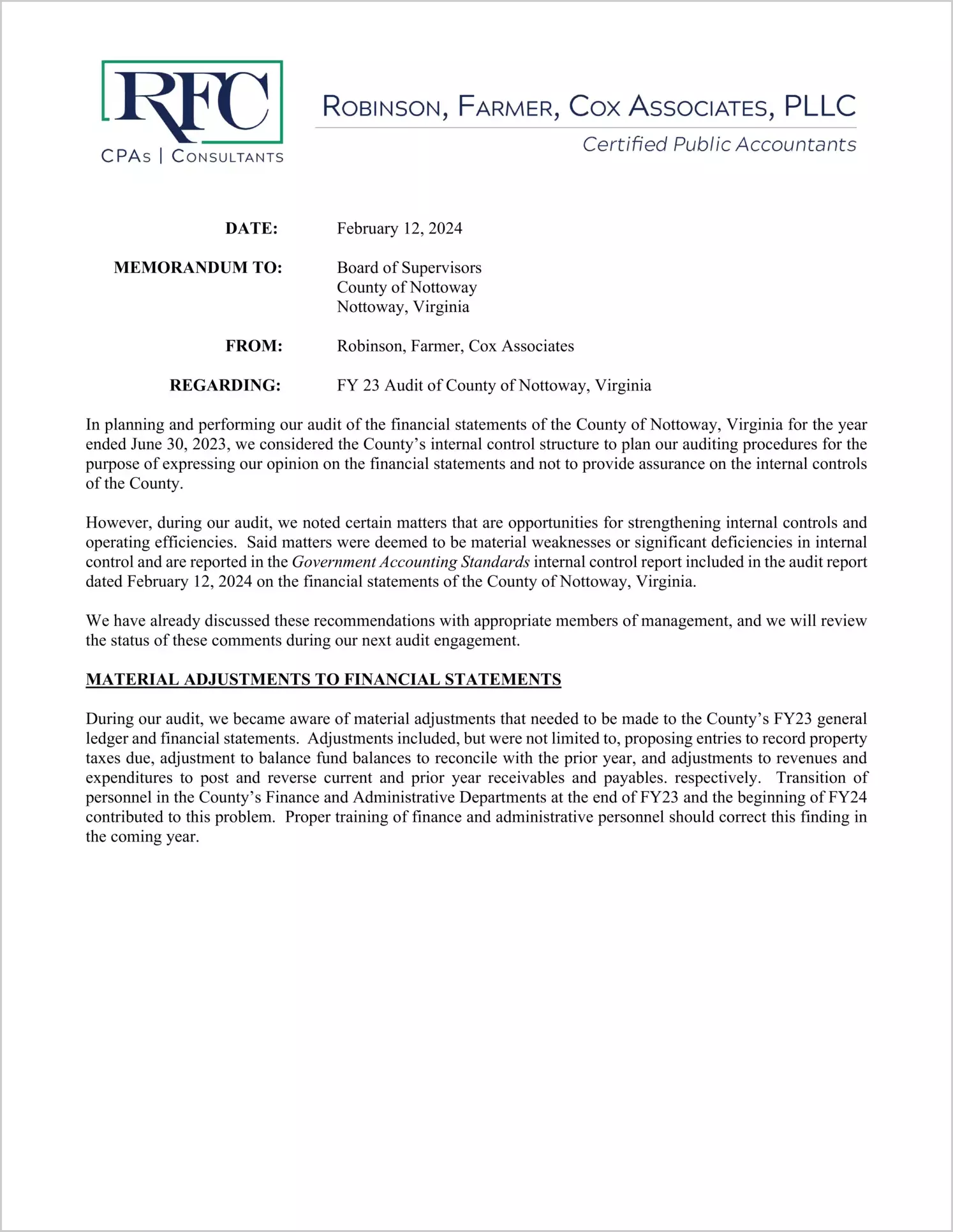 preview of 2023 Management Letter for County of Nottoway
