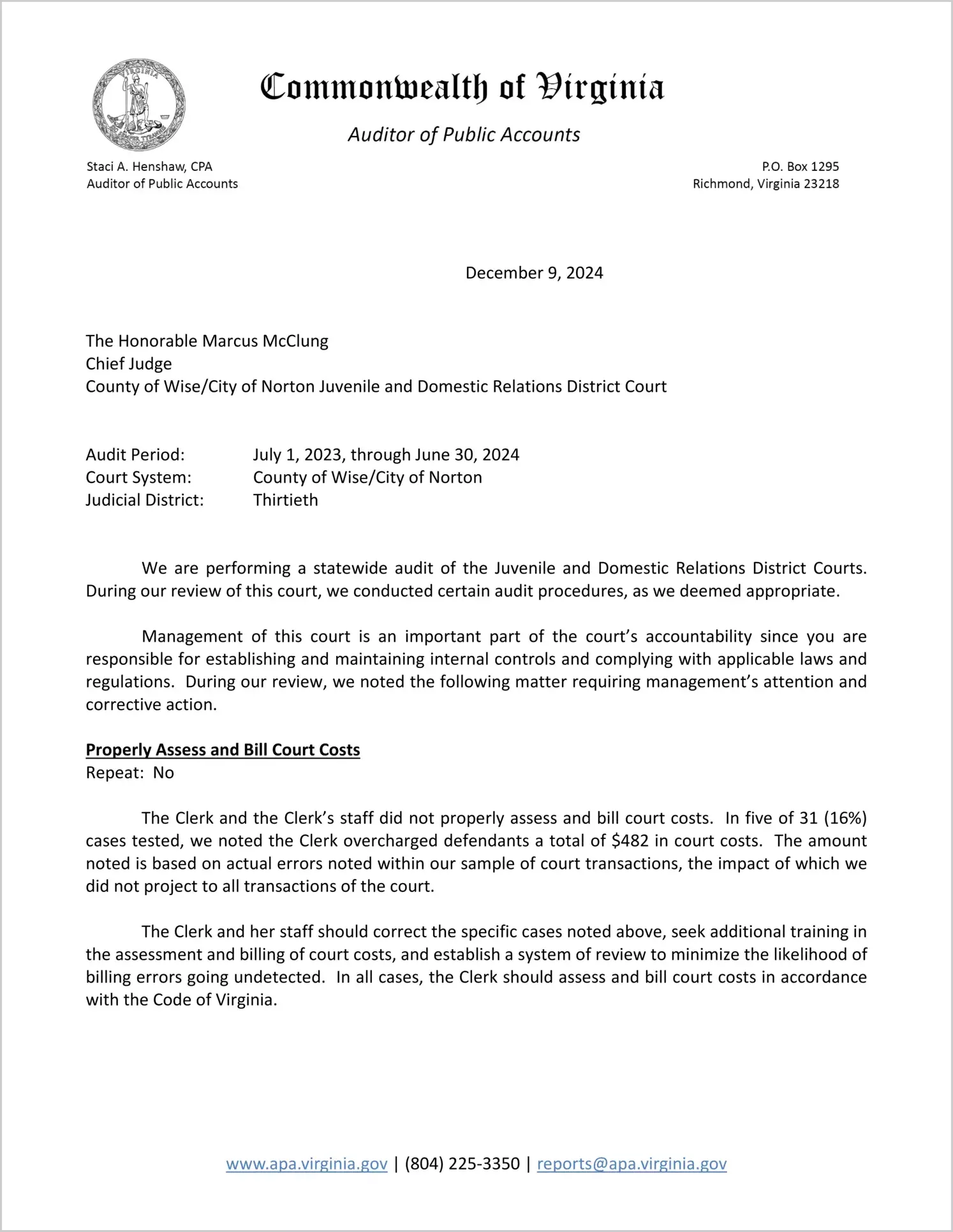 Juvenile and Domestic Relations District Court for the County of Wise and the City of Norton for the period July 1, 2023 through June 30, 2024