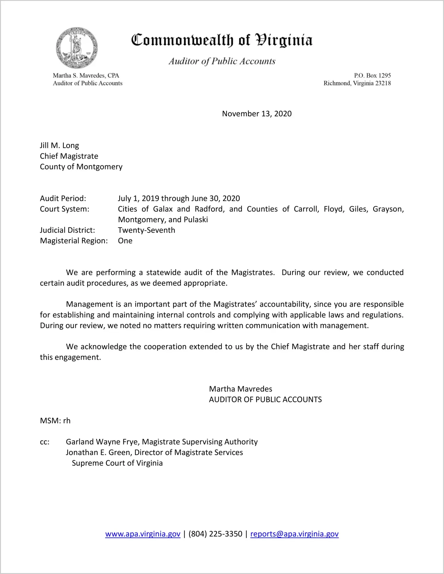 Magistrate of the Judicial District 27 for the period July 1, 2019 through June 30, 2020