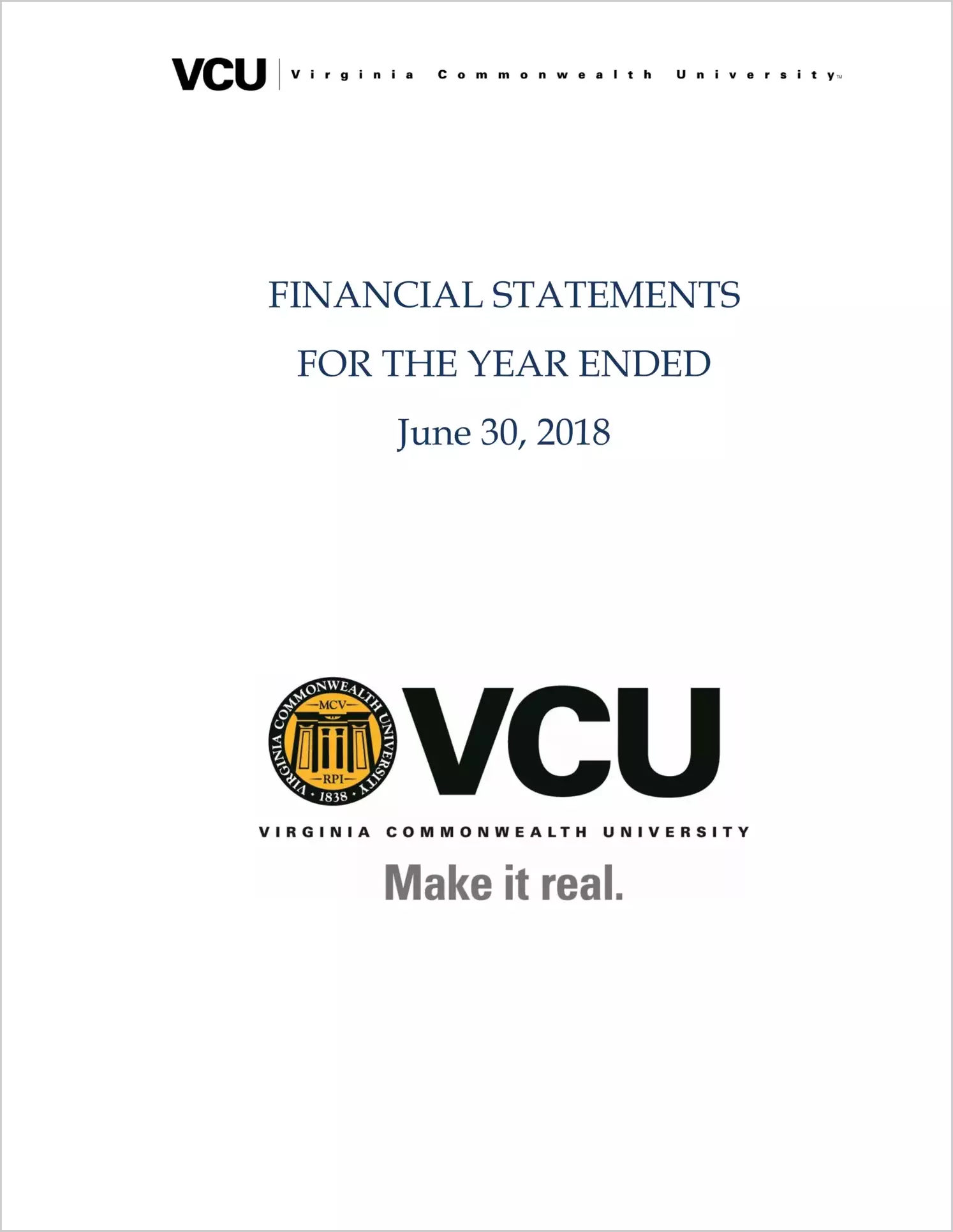 Virginia Commonwealth University Financial Statements for the year ended June 30, 2018