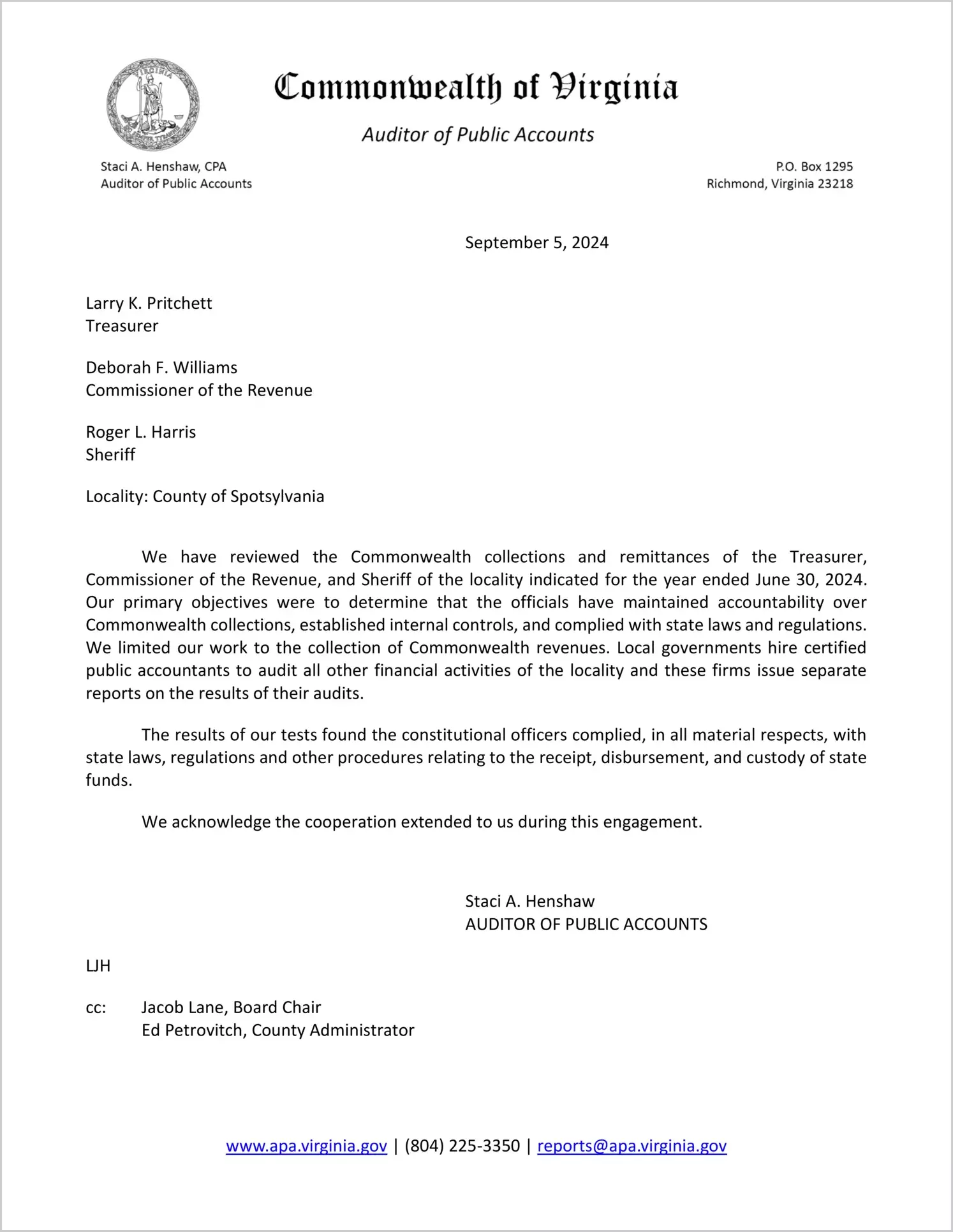 Commonwealth Collections and Remittances for the Treasurer, Commissioner of the Revenue, and Sheriff for the County of Spotsylvania for the year ended June 30, 2024