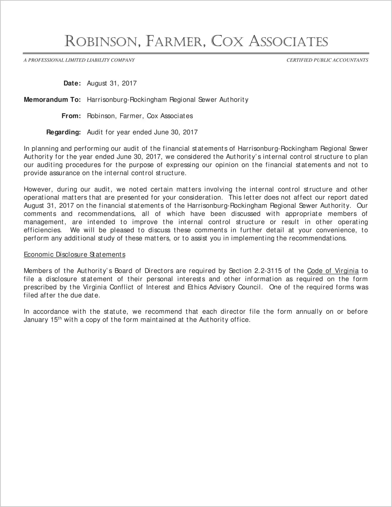 2017 ABC/Other Management Letter for Harrisonburg-Rockingham Regional Sewer Authority