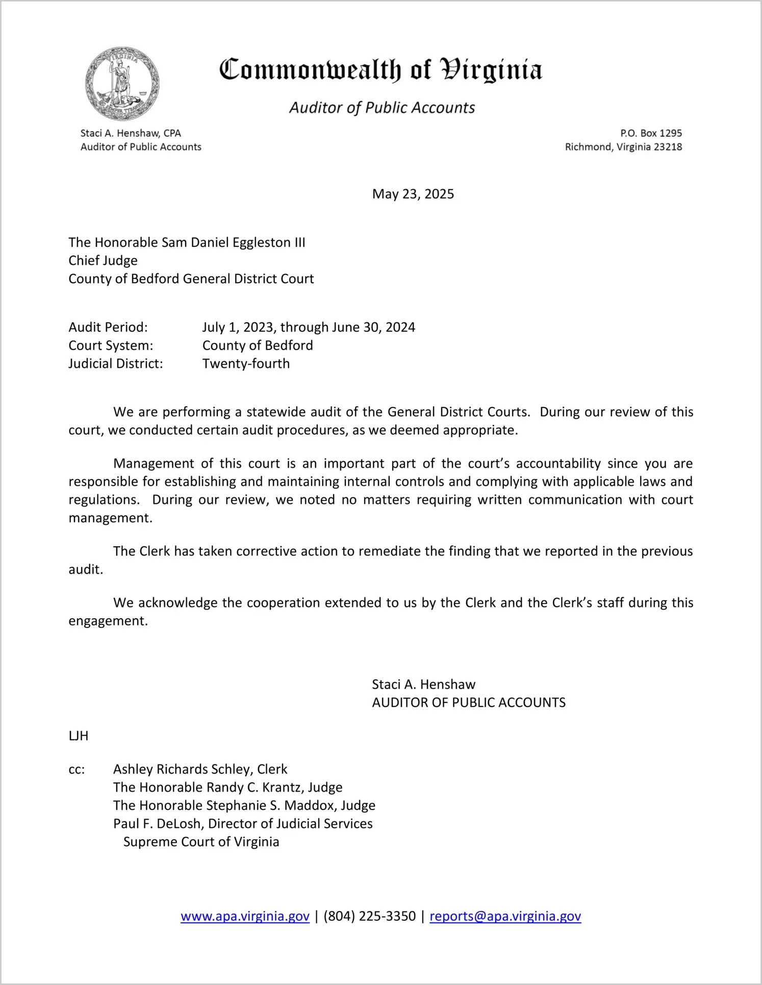 General District Court for the County of Bedford for the period July 1, 2023 through June 30, 2024