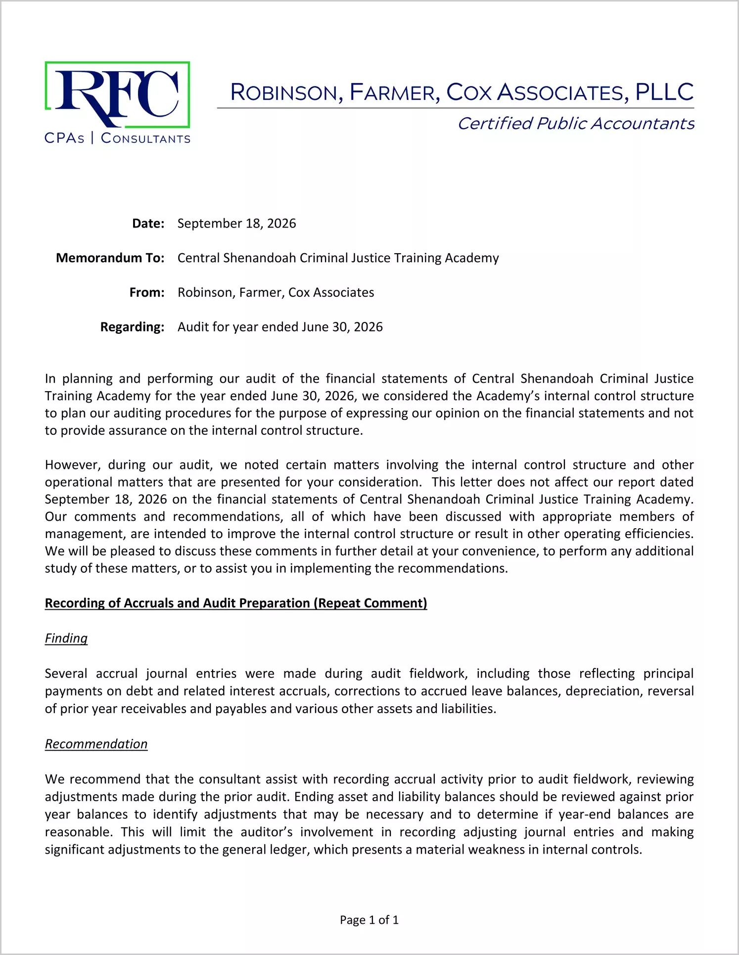 preview of 2026 ABC/Other Management Letter for Central Shenandoah Criminal Justice Training Academy