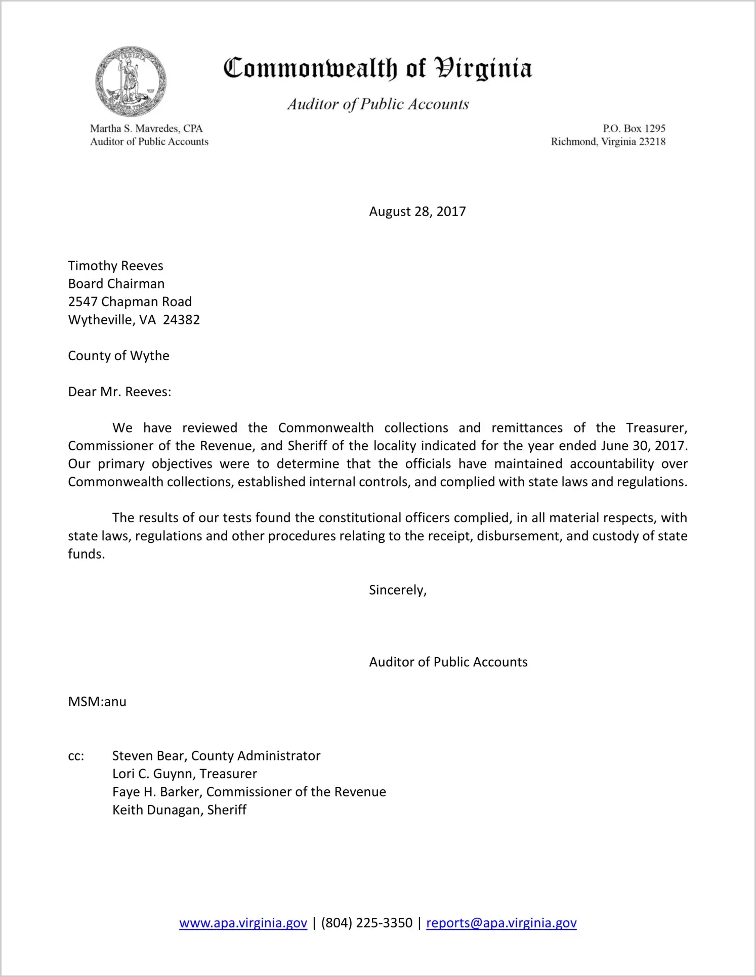 Commonwealth Collections and Remittances of the Treasurer, Commissioner of the Revenue and Sheriff of the County of Wythe for the year Ended June 30, 2017