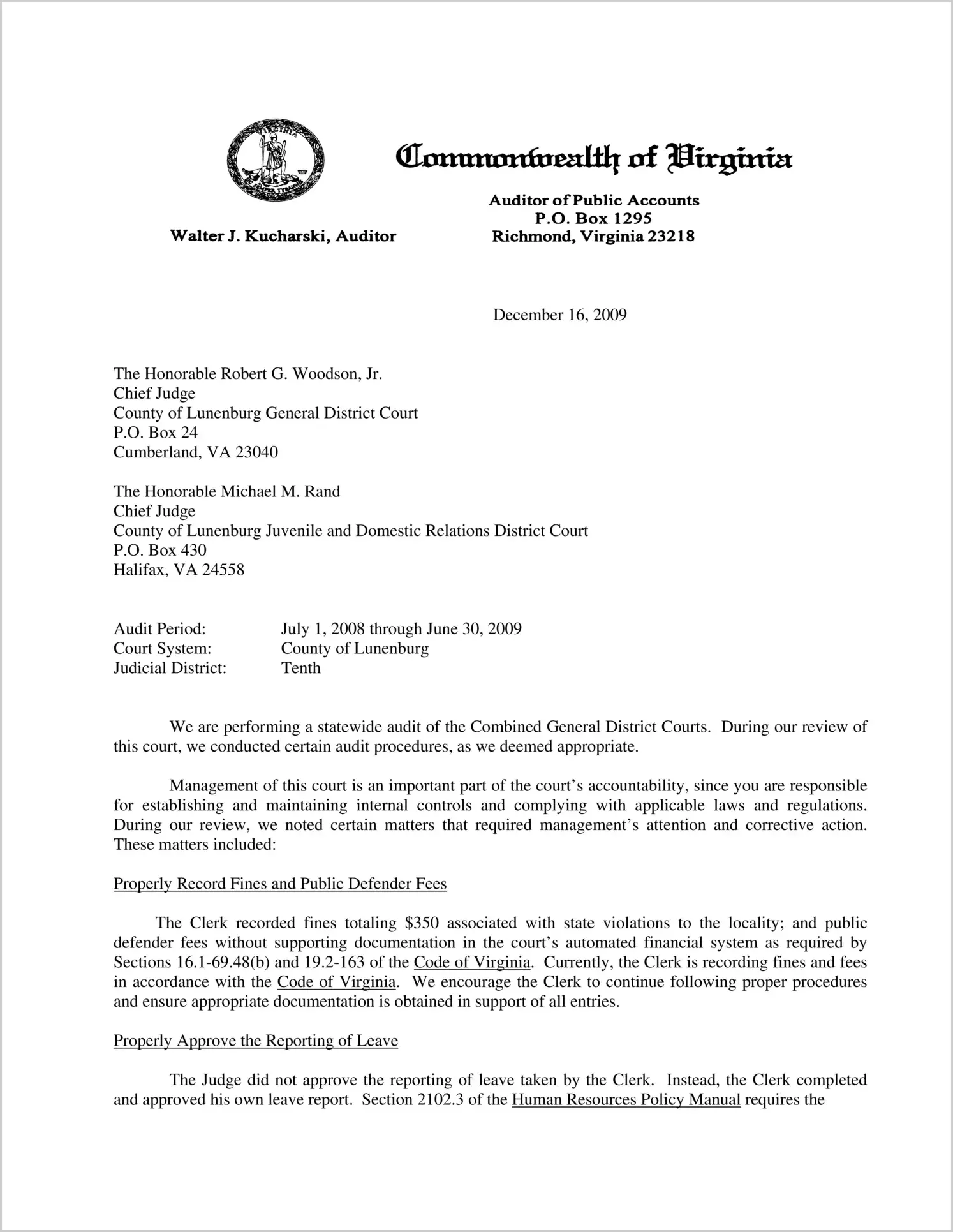 Clerk of the Combined General District Court and the associated Magistrates for this locality for the period July 1, 2008 through June 30, 2009