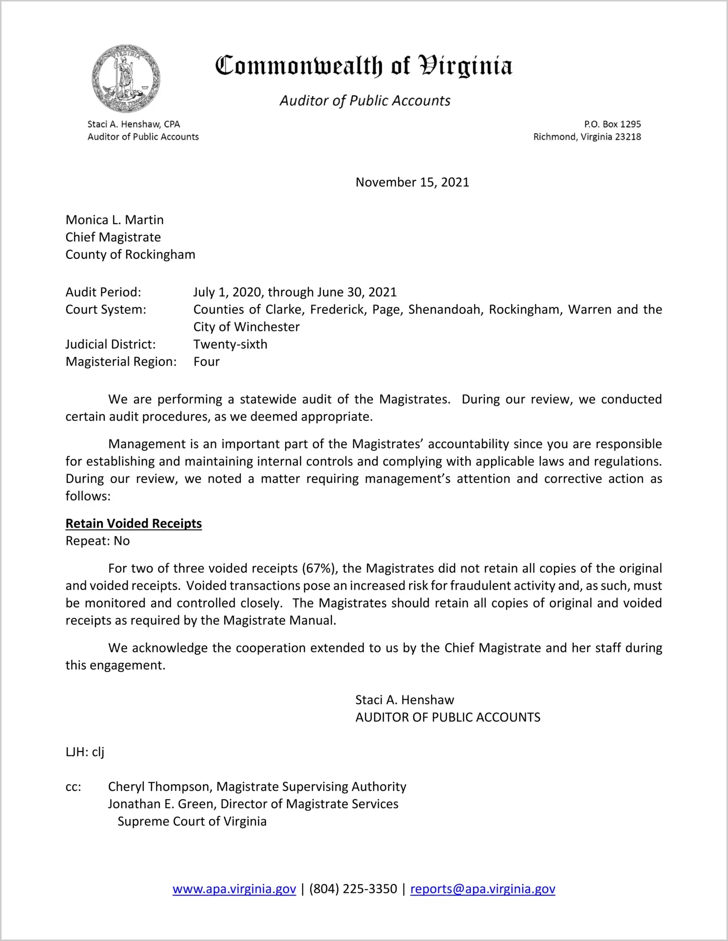 Magistrate of the Judicial District 26 for the period July 1, 2020 through June 30, 2021
