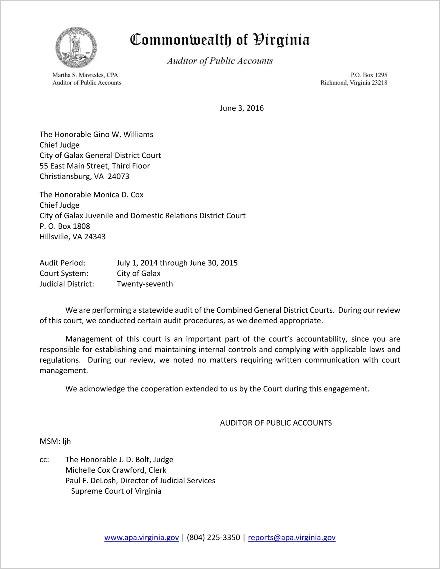 Clerk of the Combined General District Court for the City of Galax Report on Audit for the period July 1, 2014 through June 30, 2015