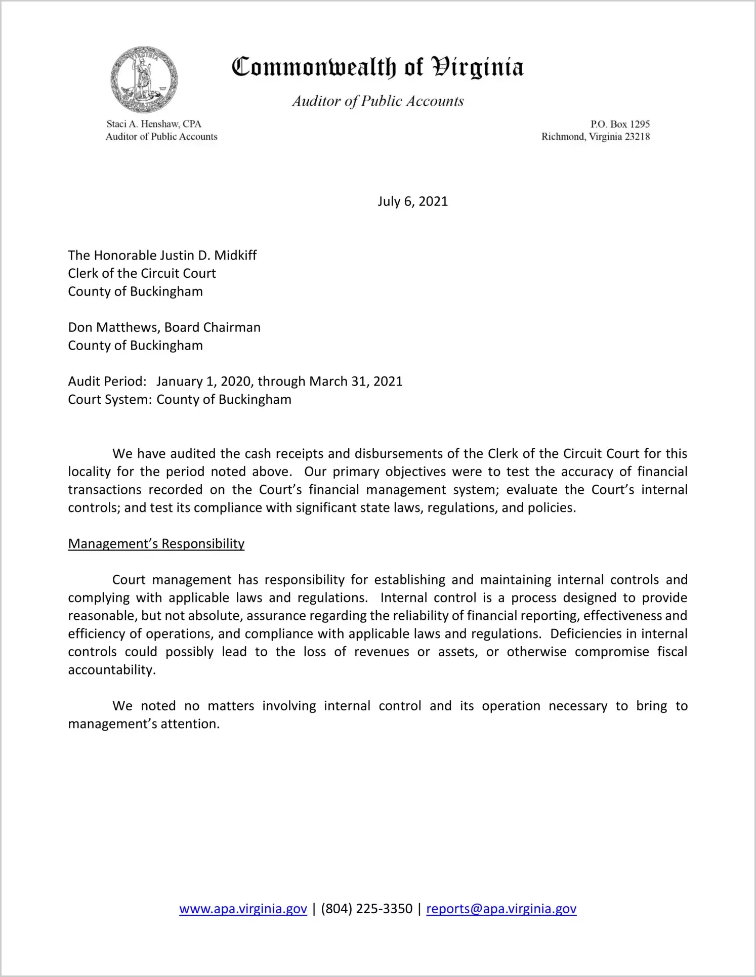 Clerk of the Circuit Court for the County of Buckingham for the period January 1, 2020 through March 31, 2021