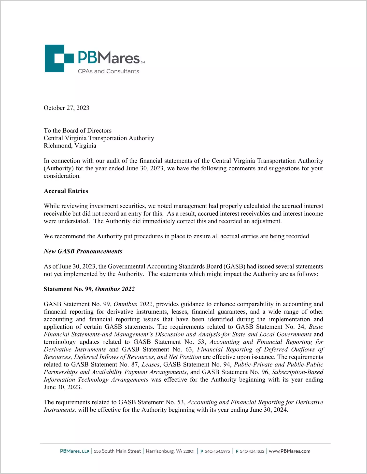 preview of 2023 ABC/Other Management Letter for Central Virginia Transportation Authority