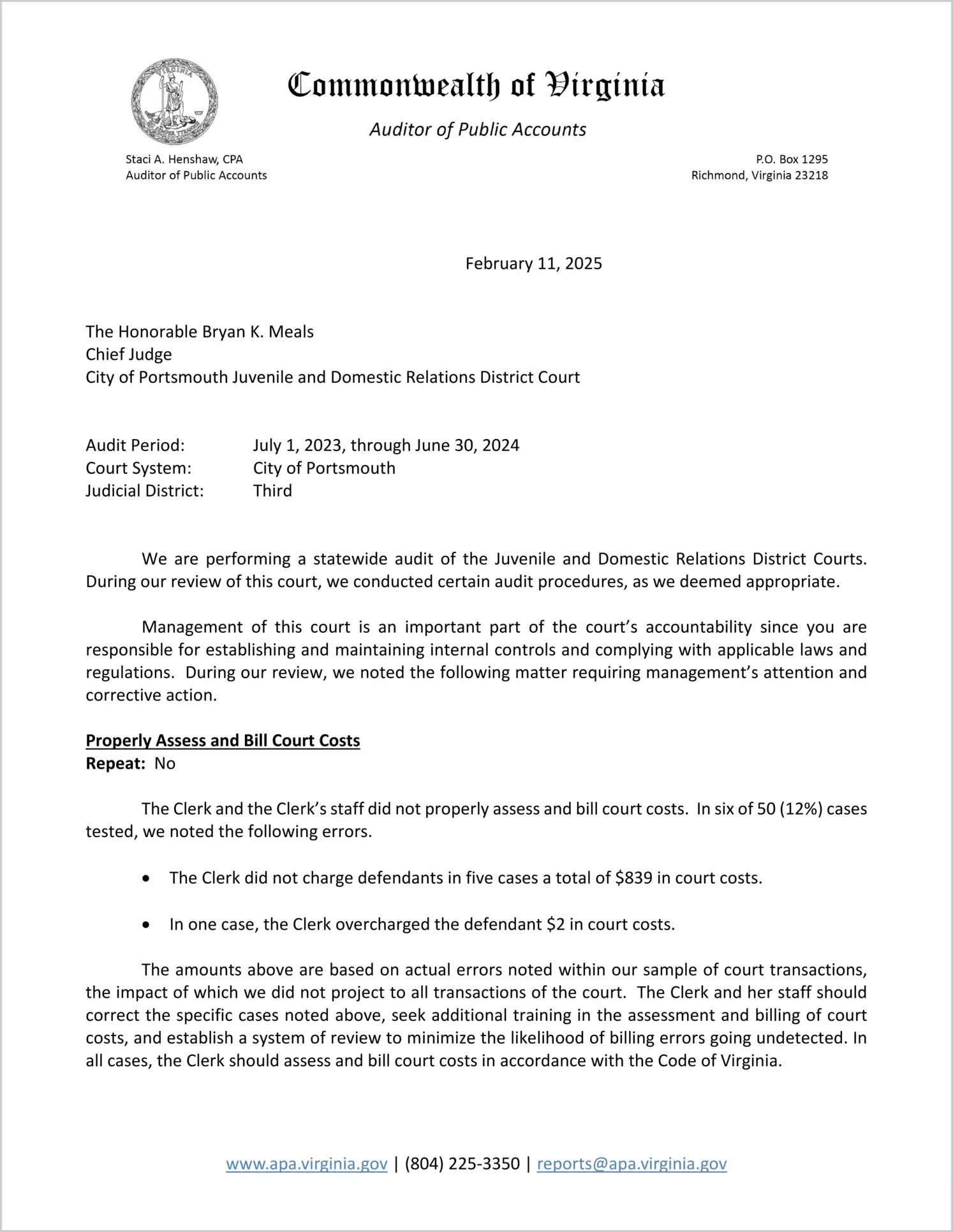 Juvenile and Domestic Relations District Court for the City of Portsmouth for the period July 1, 2023 through June 30, 2024