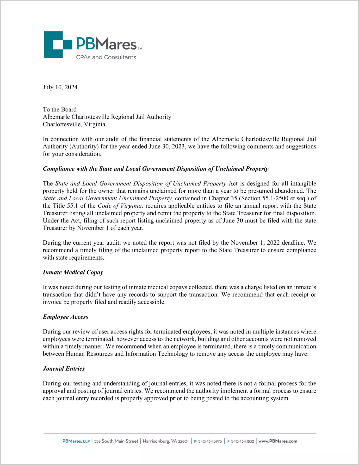 preview of 2023 ABC/Other Management Letter for Albemarle Charlottesville Regional Jail Authority