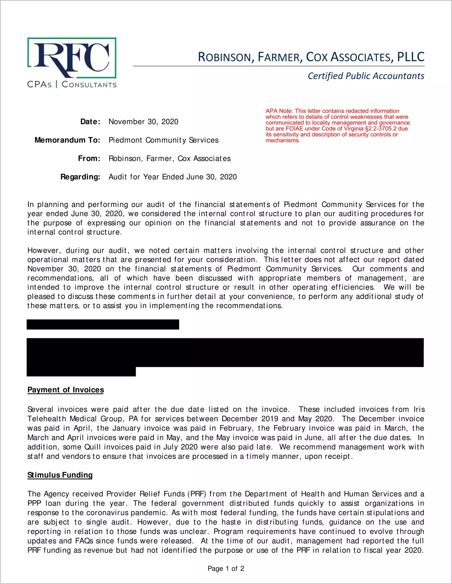 2020 ABC/Other Management Letter for Piedmont Community Services Board