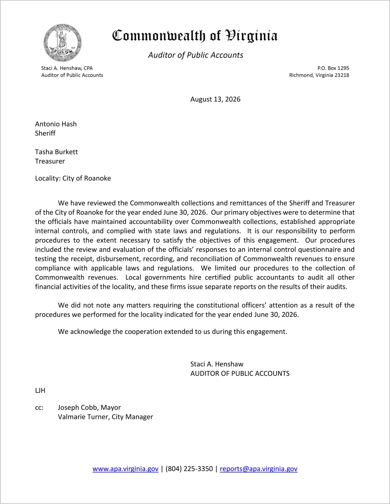 preview of Commonwealth Collections and Remittances of the Sheriff and Treasurer for the City of Roanoke for the year ended June 30, 2026